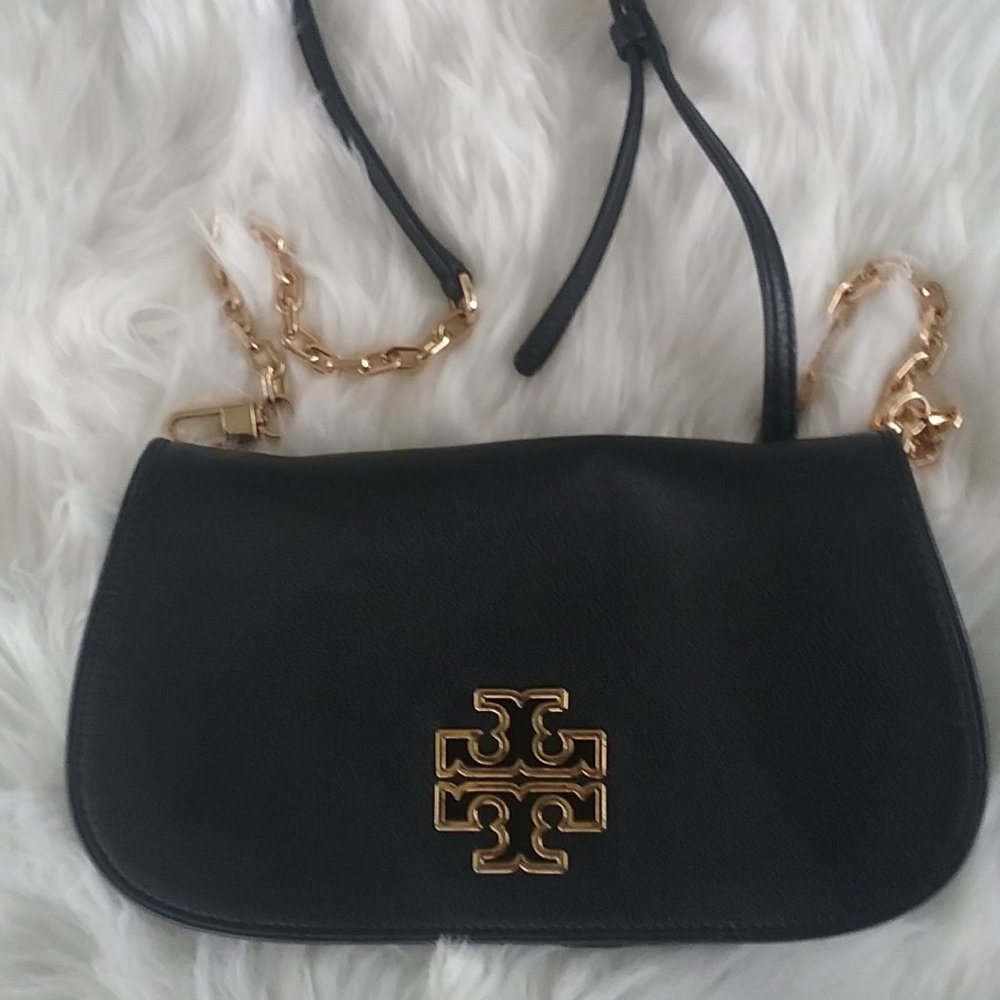 Tory Burch Black Leather Crossbody with Gold Logo & Chain